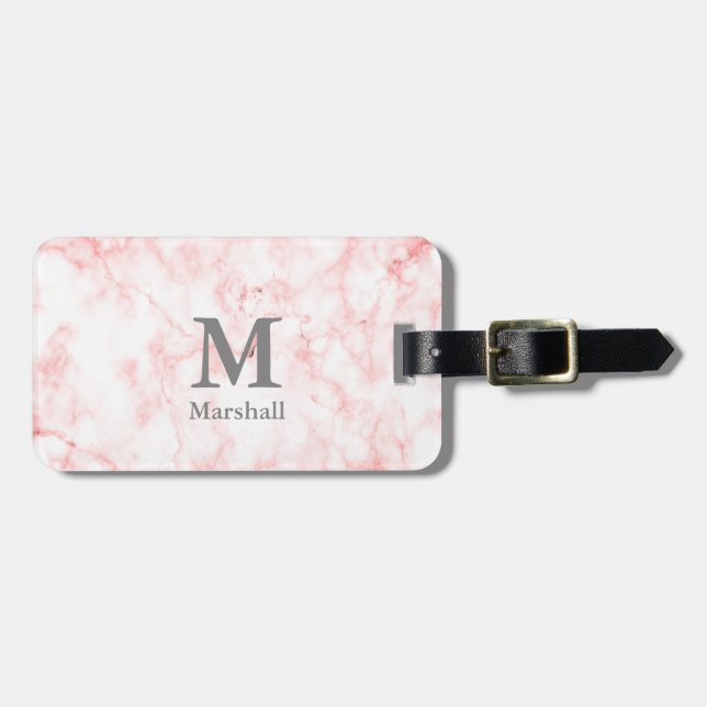 Étiquette À Bagage Élégant Faux Marbre rose Nom et Monogramme (Devant horizontal)