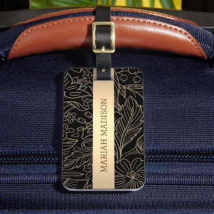 Étiquette À Bagage Élégant floral bleu & or monogrammed personnaliser
