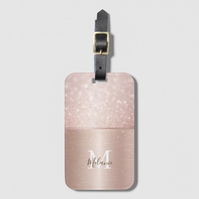 Étiquette À Bagage Élégant glitterie rose or métal glam monogramme (Devant Vertical)