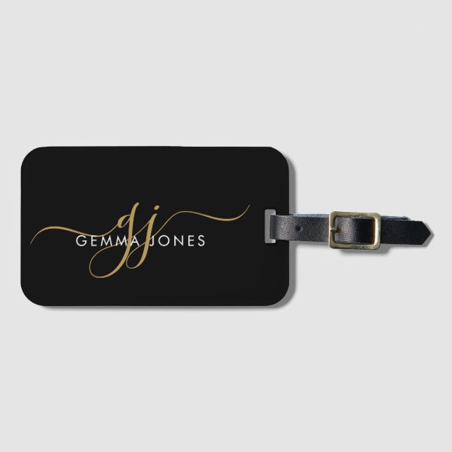 Étiquette À Bagage Elegant Gold Monogram Black Luggage Tag (Devant Horizontal)
