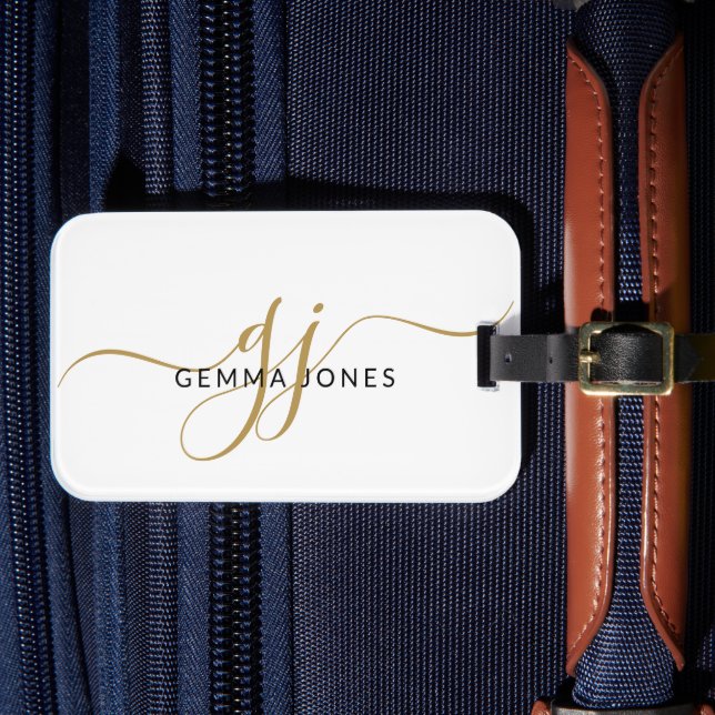 Étiquette À Bagage Elegant Gold Monogram White Luggage Tag (Insitu Rectoal 4)