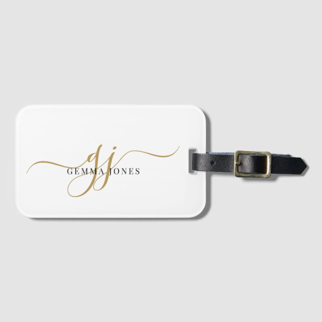 Étiquette À Bagage Elegant Gold Monogram White Luggage Tag (Devant Horizontal)