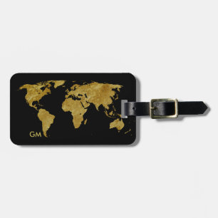 Étiquette À Bagage Elégant Gold World Map Monogramme personnalisé