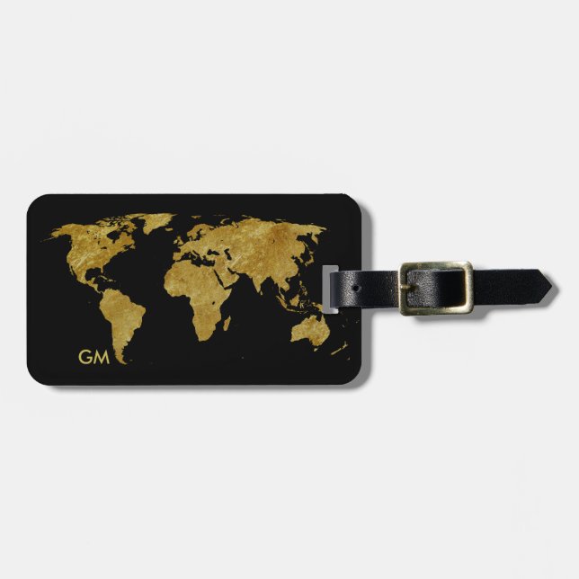 Étiquette À Bagage Elégant Gold World Map Monogramme personnalisé (Devant horizontal)