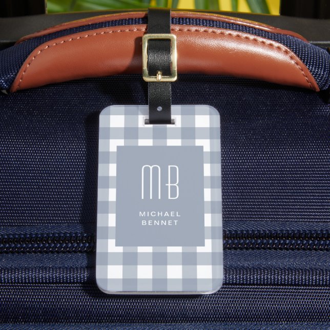 Étiquette À Bagage Elegant Gray Blue Gingham Monogram (Insitu Rectoal 2)