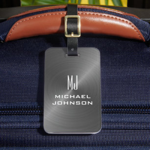 Étiquette À Bagage Élégant Gris brossé Métallique Monogramme initial