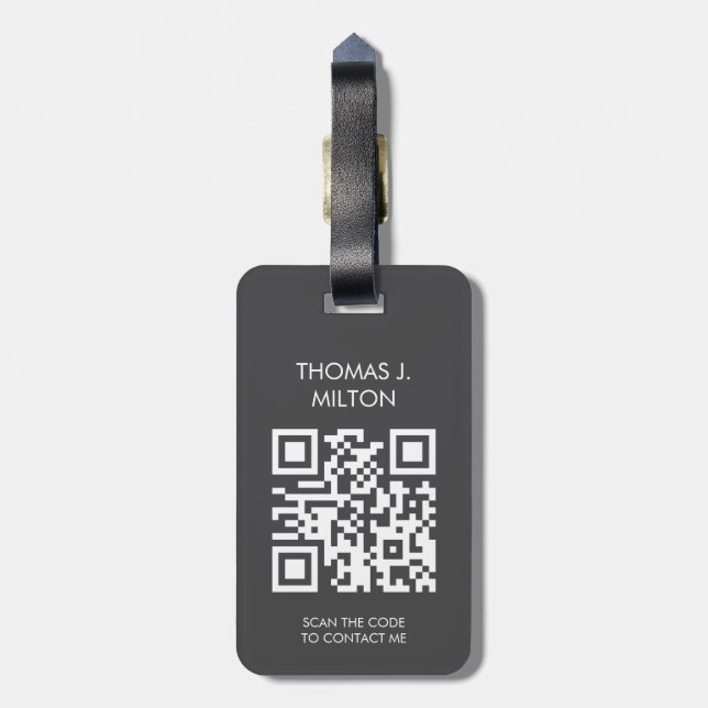 Étiquette À Bagage Élégant gris foncé blanc gras monogramme QR Code (Dos Vertical)