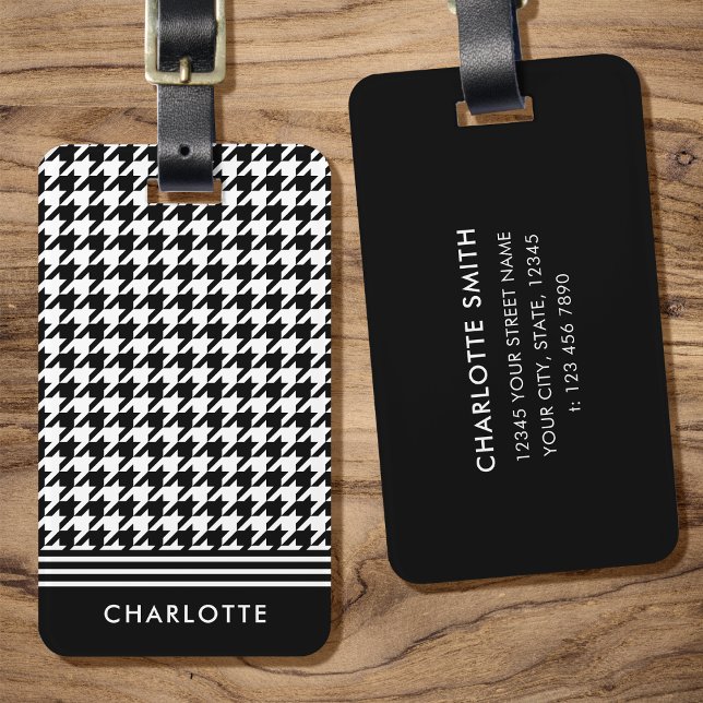 Étiquette À Bagage Elégant Houndstooth noir blanc (Créateur téléchargé)
