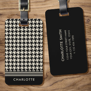 Étiquette À Bagage Elégant Houndstooth noir blanc cassé