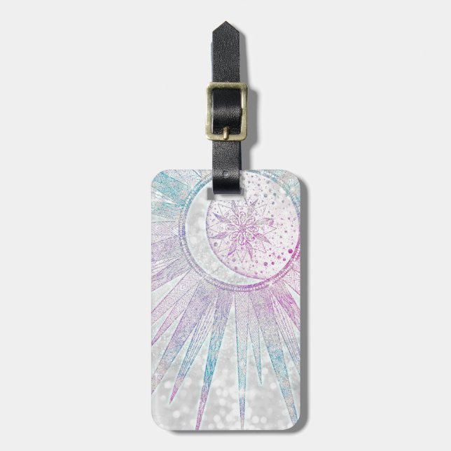 Étiquette À Bagage Elegant Iridescent Sun Moon Mandala Silver Design (Devant Vertical)