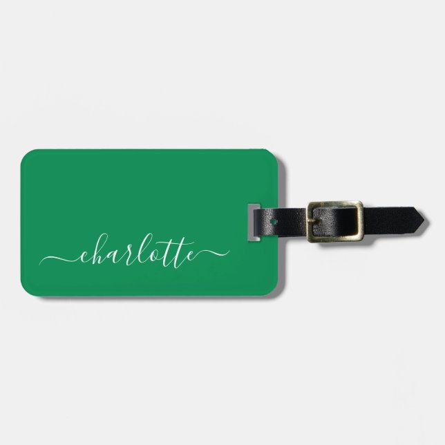 Étiquette À Bagage Élégant Kelly Green Script Nom personnalisé (Devant horizontal)
