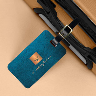 Étiquette À Bagage Elégant luxe en cuir bleu look or monogrammed