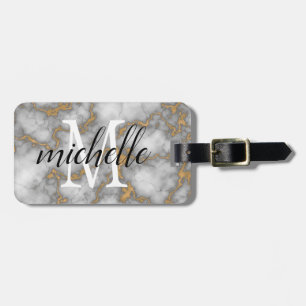 Étiquette À Bagage Elégant marbre blanc or   Monogramme personnalisé
