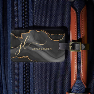 Étiquette À Bagage Élégant marbre noir Agate Monogramme personnalisé