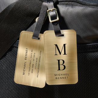 Étiquette À Bagage Élégant Métal Doré Brossé Monogrammé