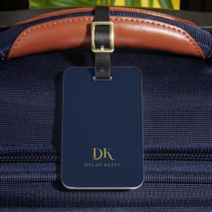 Étiquette À Bagage Élégant minimaliste Monogramme bleu foncé or éléga