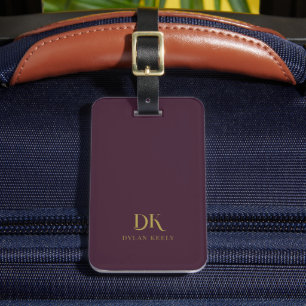 Étiquette À Bagage Élégant minimaliste Monogramme rouge foncé Or élég