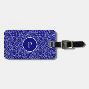 Étiquette À Bagage Elégant modèle bleu marine et gris Damas