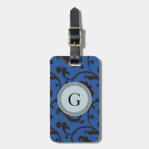 Étiquette À Bagage Élégant modèle floral bleu girly monogramme