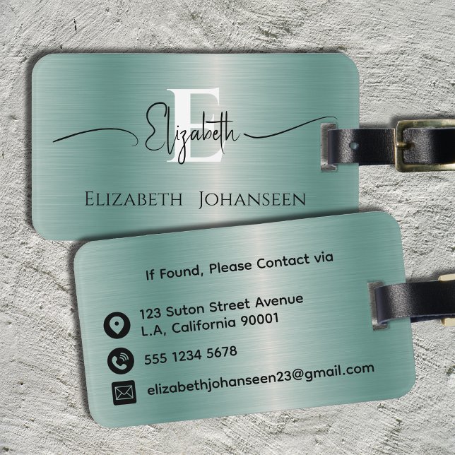 Étiquette À Bagage Élégant Moderne Bleu Brossé Métal Monogramme (Créateur téléchargé)