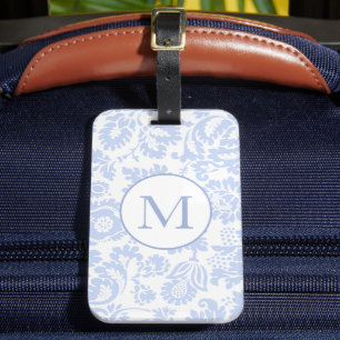 Étiquette À Bagage Élégant Monogramme Bleu Floral Botanique