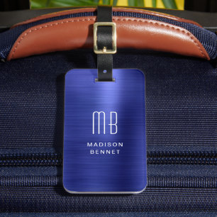 Étiquette À Bagage Élégant Monogramme Bleu Marine Métal Brossé