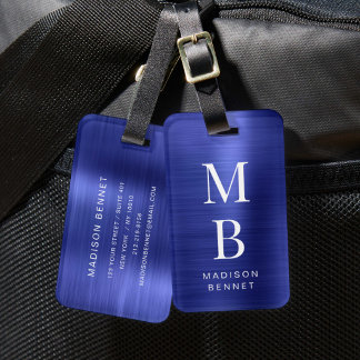 Étiquette À Bagage Élégant Monogramme Bleu Marine Métallisé Brossé