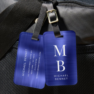 Étiquette À Bagage Élégant Monogrammé Bleu Marine Métallisé Brossé