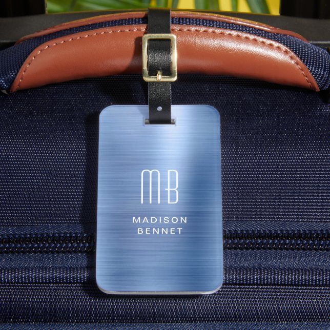 Étiquette À Bagage Élégant Monogramme Blue Faux brossé Métal (Insitu Rectoal 2)