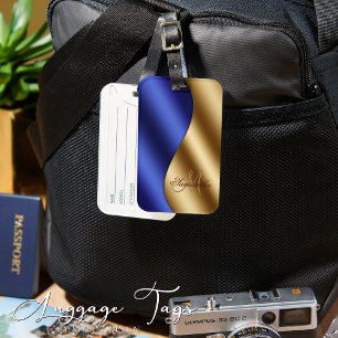Étiquette À Bagage Élégant Monogramme Blue Gold Metallic