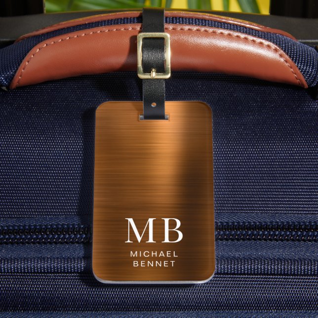 Étiquette À Bagage Élégant Monogramme Cuivre Brown brossé métal (Insitu Rectoal 2)
