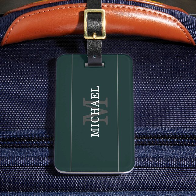 Étiquette À Bagage Élégant Monogramme d'argent vert personnalisé (Créateur téléchargé)