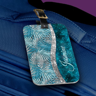Étiquette À Bagage Élégant monogramme de feuilles de parties scintill