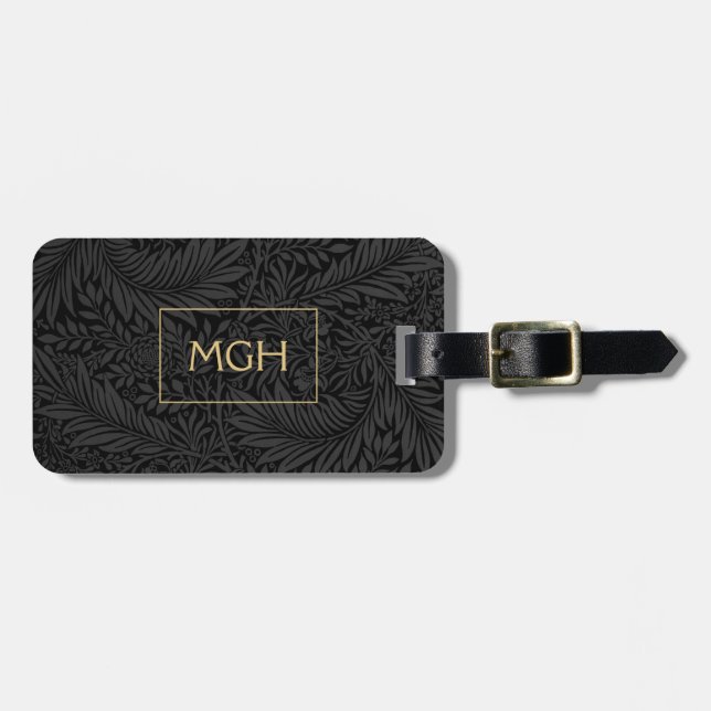Étiquette À Bagage Élégant Monogramme d'or floral noir (Devant horizontal)