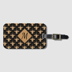 Étiquette À Bagage Élégant Monogramme d'or noir abeille