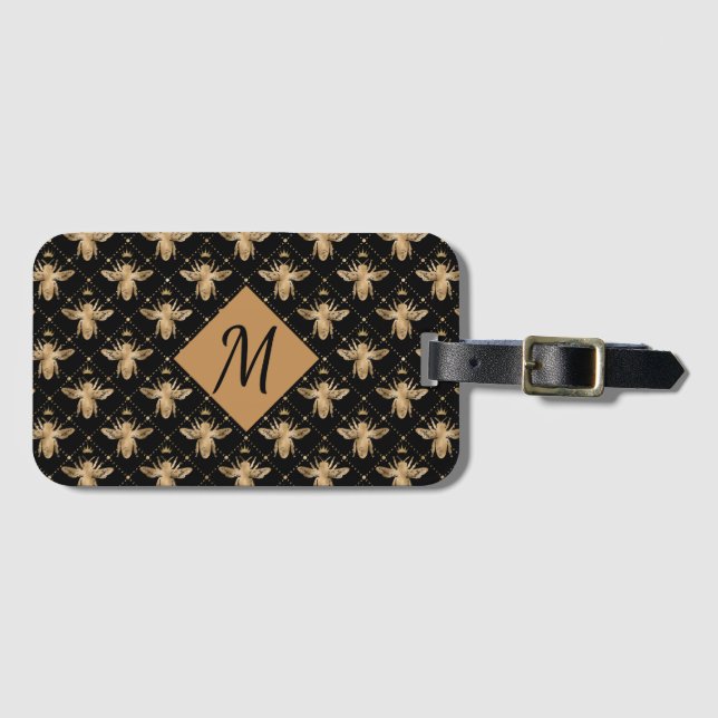 Étiquette À Bagage Élégant Monogramme d'or noir abeille (Devant Horizontal)