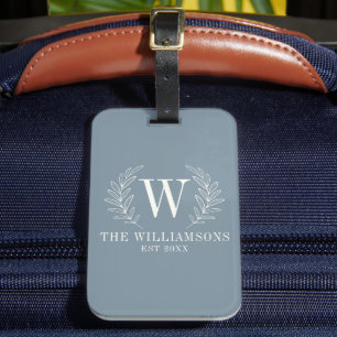 Étiquette À Bagage Élégant Monogramme Dusty Blue Nom de famille