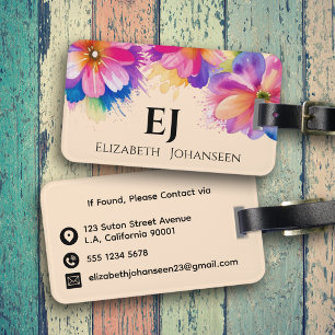 Étiquette À Bagage Élégant Monogramme Fleur d'Aquarelle Tropicale Fil
