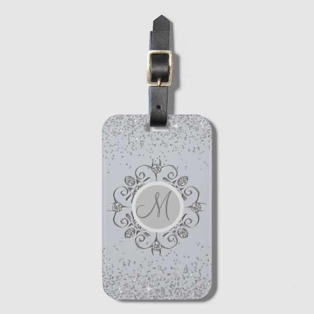 Étiquette À Bagage Élégant Monogramme Glitterie Argent Gem  (Devant Vertical)