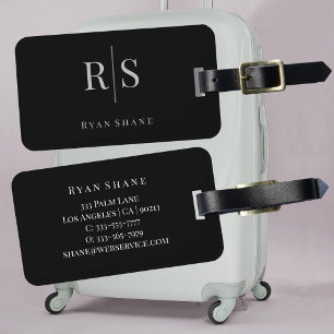 Étiquette À Bagage Élégant Monogramme gris, Nom & Information, Noir
