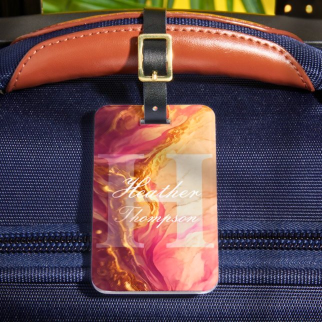 Étiquette À Bagage Élégant monogramme initial en marbre rose Balise (Créateur téléchargé)