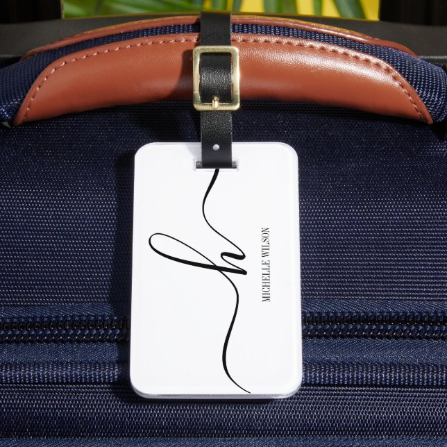 Étiquette À Bagage Élégant Monogramme Initiale Nom en Script Blanc No (Insitu Rectoal 2)