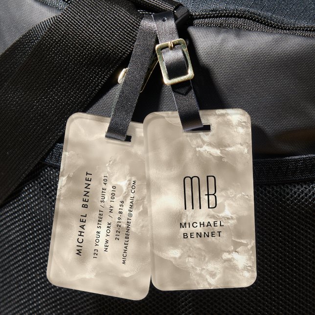 Étiquette À Bagage Elégant Monogramme ivoire Beige Pearl Texture (Elegant Monogrammed Ivory Beige Pearl Texture Luggage Tag)