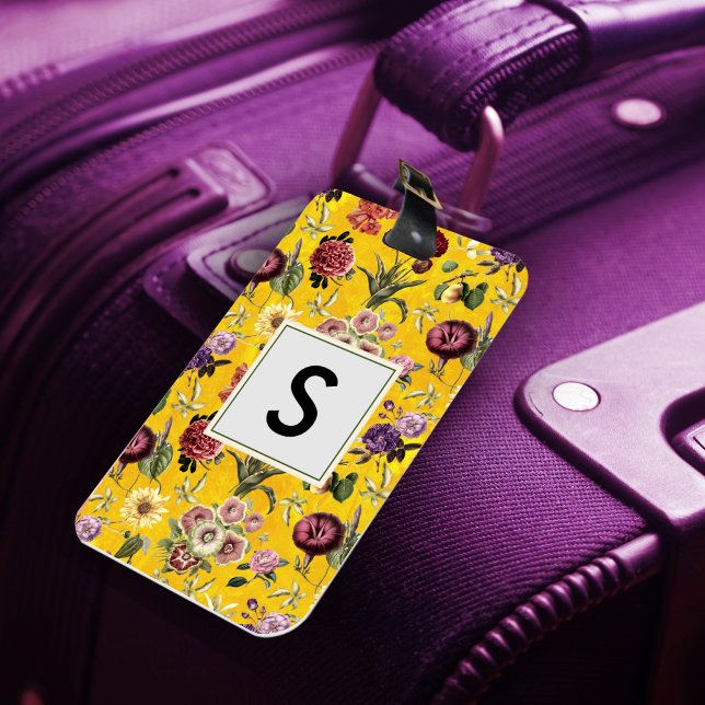 Étiquette À Bagage Élégant monogramme jaune à motif floral (Créateur téléchargé)