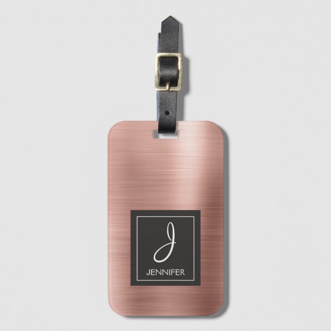 Étiquette À Bagage Élégant monogramme lunette rose Rose Rose Gold Met (Devant Vertical)