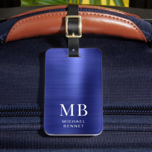 Étiquette À Bagage Élégant Monogramme Marine Bleu