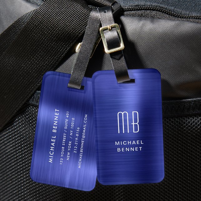 Étiquette À Bagage Élégant Monogramme Marine Métal Bleu (Elegant Monogrammed Navy Blue Metal Luggage Tag)