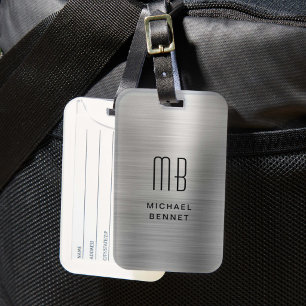Étiquette À Bagage Élégant Monogramme Métal Brossé Argenté