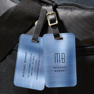 Étiquette À Bagage Élégant Monogramme Métal Brossé Bleu