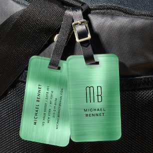 Étiquette À Bagage Élégant Monogrammé Métal Brossé Vert